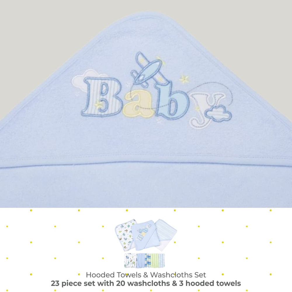 Bath Hooded Towels & Washcloths Set for Babies, 23-Piece Gift Set, Blue