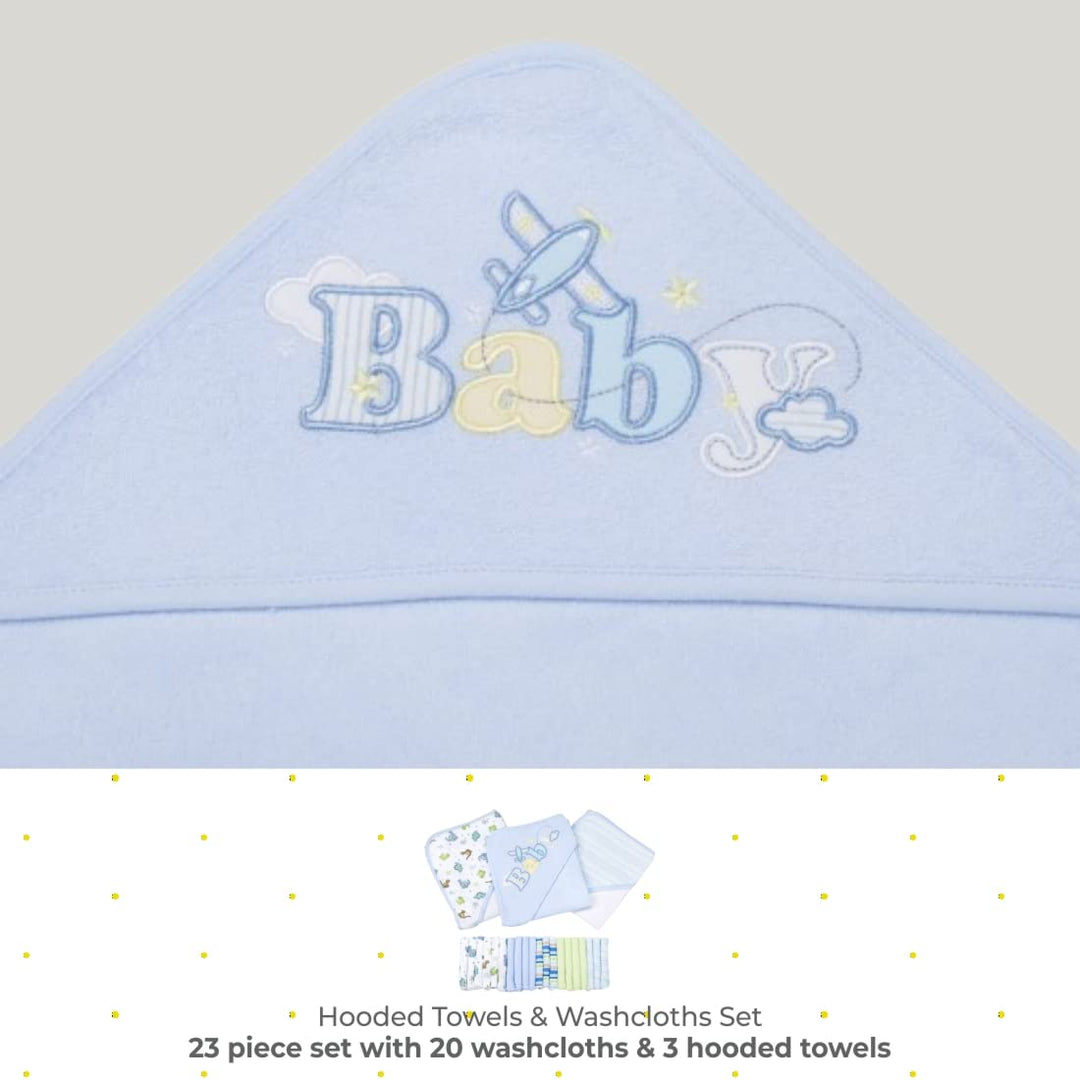Bath Hooded Towels & Washcloths Set for Babies, 23-Piece Gift Set, Blue