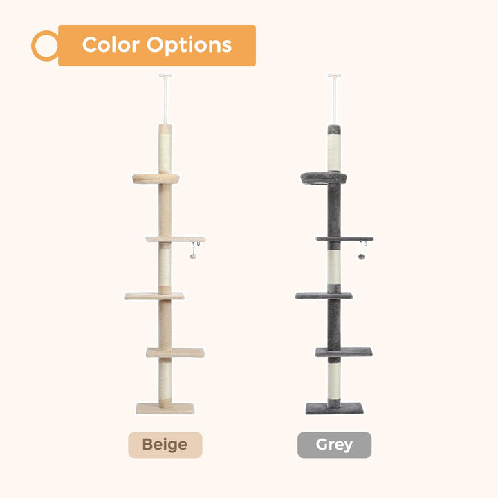 Floor to Ceiling Cat Tree, Cat Tower 5-Tier Height(95-107 Inches) Adjustable, Tall Cat Climbing Tree Featuring with Scratching Post, Cozy Bed,Interactive Ball Toy for Indoor Cats/Kitten Beige