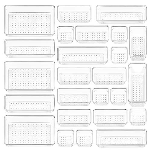 25 PCS Clear Plastic Drawer Organizers Set, 4-Size Versatile Bathroom and Vanity Drawer Organizer Trays, Storage Bins for Makeup, Bedroom, Kitchen Gadgets Utensils and Office