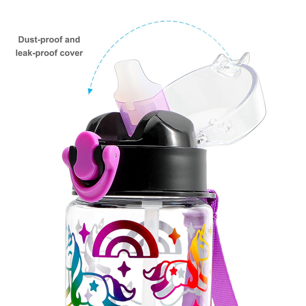 Cute Water Bottle with Straw for Kids Girls Boys, BPA Free Tritan & Leak Proof Flip Top & Soft Silicone Sipper & Easy Clean, 15oz / 450ml (Rainbow Unicorn)
