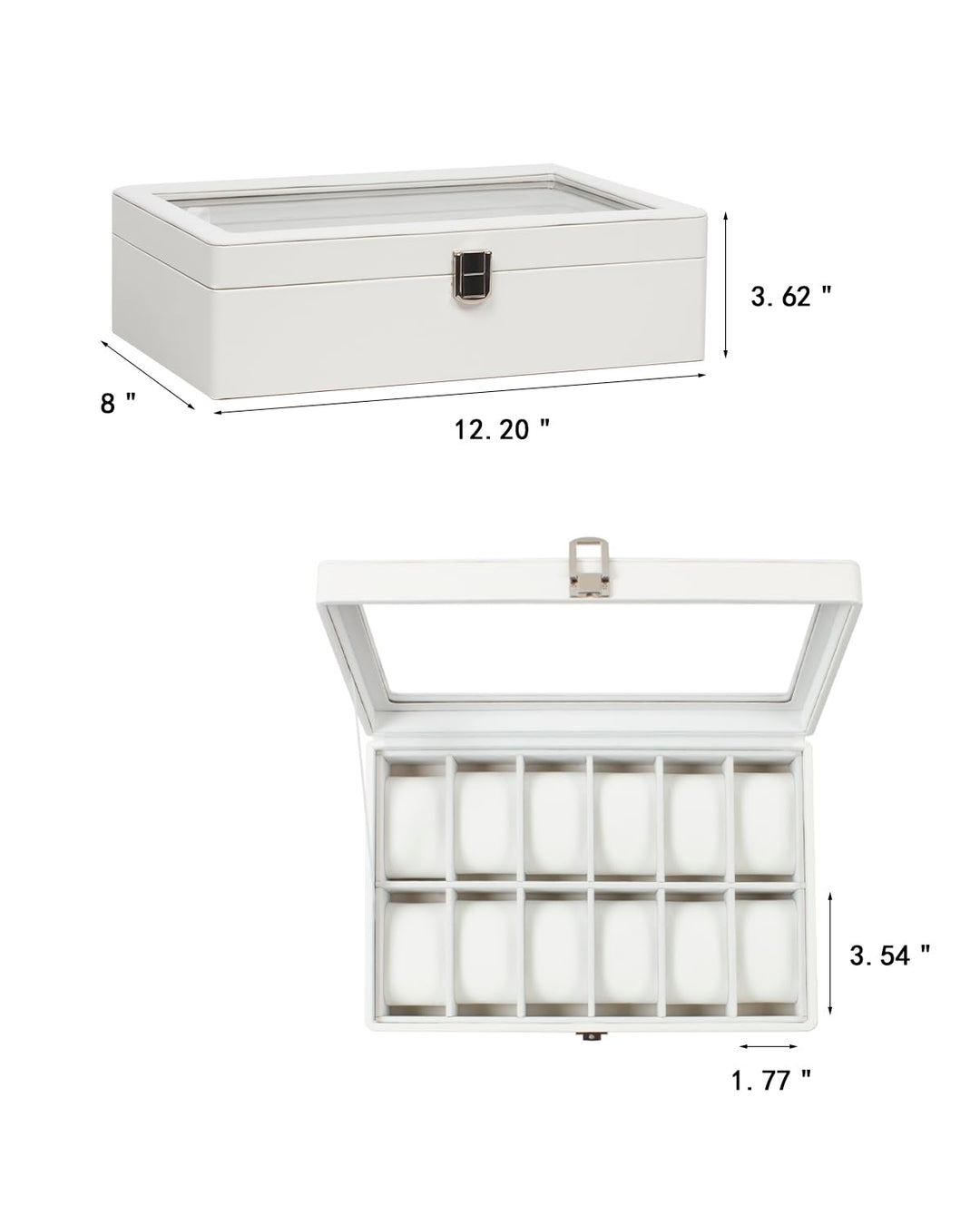 Watch Box, 12 Slot Watch Case with Large Real Glass Lid, Watch Organizer with Removable Watch Pillow, White Synthetic Leather Watch Display, White