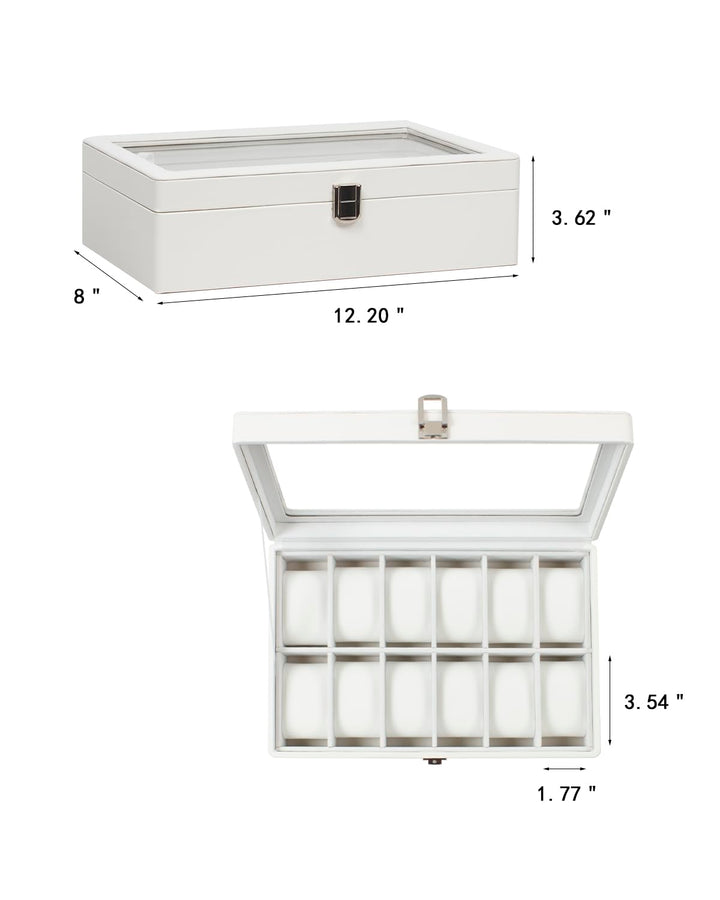 Watch Box, 12 Slot Watch Case with Large Real Glass Lid, Watch Organizer with Removable Watch Pillow, White Synthetic Leather Watch Display, White
