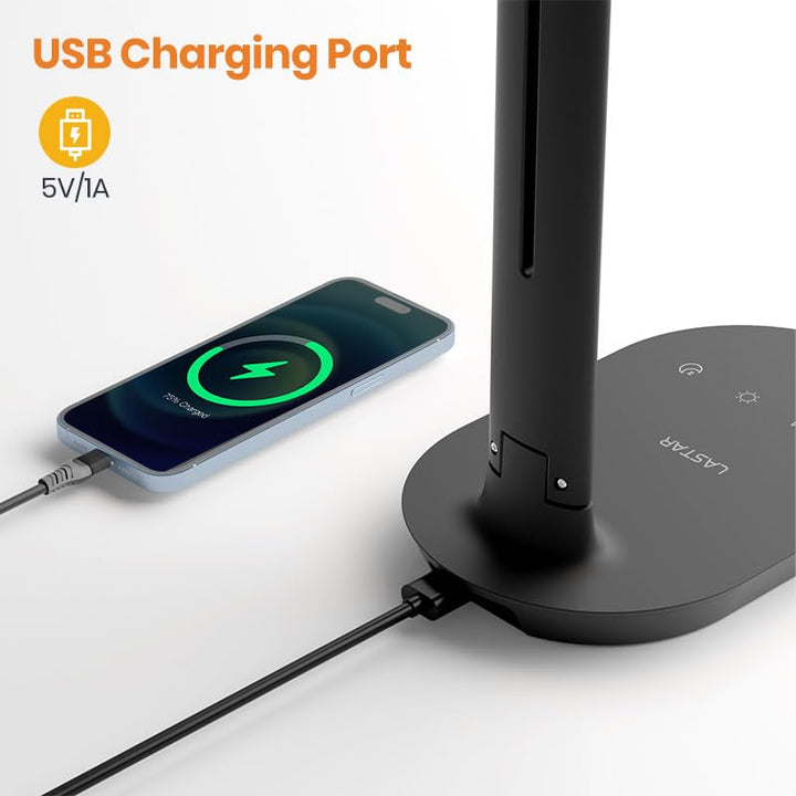 Desk Lamp, Dimmable Eye-Protecting Table Lamps with Night Light, USB Charging Port, 4 Color Temperature Modes, 5 Brightness Levels, 1H Timer, Touch Control for Home Office Bedroom
