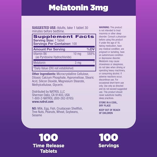 Melatonin 3 mg Time Release, Dietary Supplement to Minimize Wake Ups, Nighttime Sleep Aid, 100 Tablets, Up to a 100 Day Supply