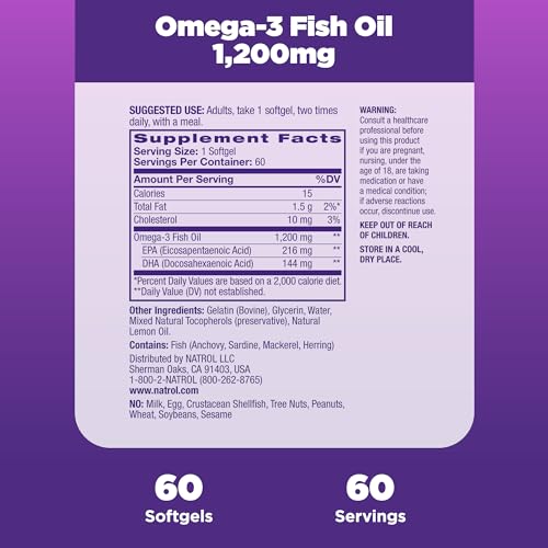 , Omega-3 Fish Oil Softgels, Heart Health Dietary Supplement, 1200 mg, 60 Count