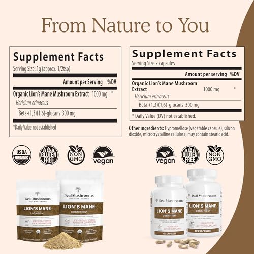 Lion’s Mane Powder - Organic Lions Mane Mushroom Extract for Cognitive Function & Immune Support - Brain Supplements for Memory and Focus - Vegan Mushroom Supplement, 60 Servings
