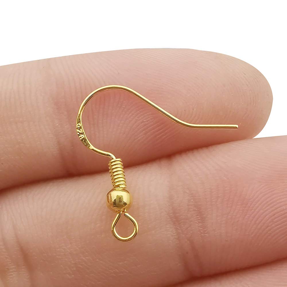 200 PCS/100 Pairs 925 Gold Hypo-allergenic Earring Hooks Fish Hook Ear Wires French Wire Hooks Jewelry Findings Earring Parts DIY Making with 200 PCS Clear Rubber Backs (11782)