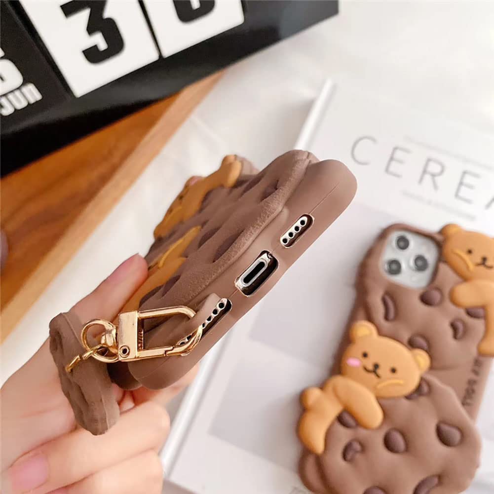for iPhone 13 Pro Max Case Cookie Bear Kawaii Phone Cases,Cute Case with Strap Lanyard 3D Cartoon Bear Soft Silicone Protective Case Funny Women Girls for iPhone 13 Pro Max