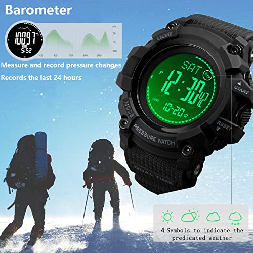 Watch Compass, Altimeter Barometer Thermometer Temperature, Pedometer ,WArmy Waterproof Outdoors Sport Digital Watch for Men, Black