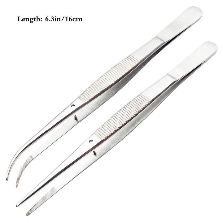 Stainless Steel Tweezer with Precision Serrated Tips and Positioning Straight and Curved Tweezers for Cooking Repairing Surgical Medical Beauty - 6.3 Inch 2PCS