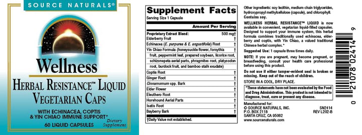 Wellness Herbal Resistance, Echinacea, Coptis & Yin Chiao Immune Support *- 60 Capsules