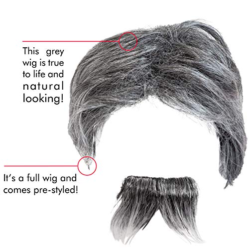 Grey Wig and Mustache - Salt and Pepper Hair Old Person Grandpa Wigs and Mustache Old Man Costume Accessories Set for Boys and Girls
