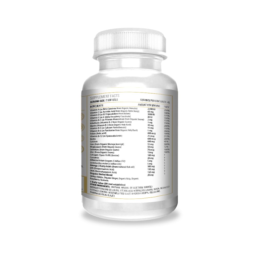 Organic Multivitamin for Women Age 80+ with 20+ Advanced Factors and Omega-3 – Non GMO, Made in USA, 90 Count