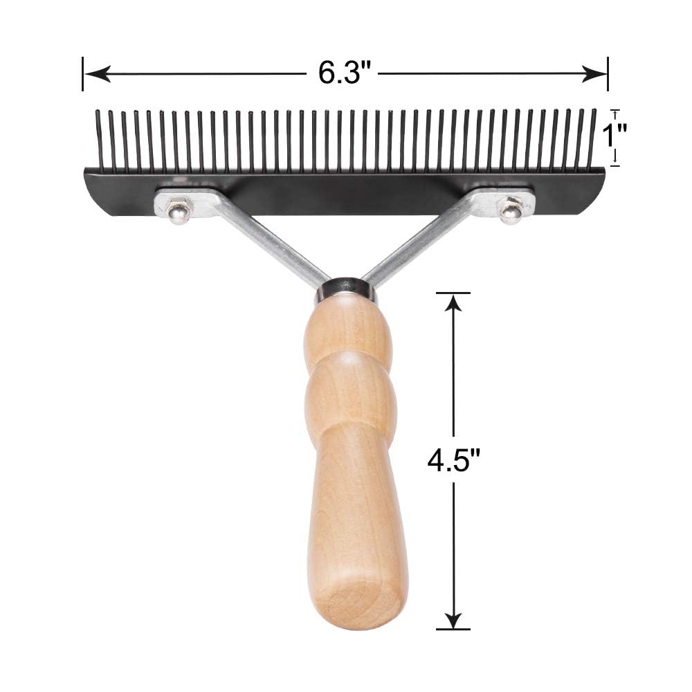 Undercoat Grooming Rake with Anti-Slip Wooden Handle, Steel Comb for Medium & Large Pets