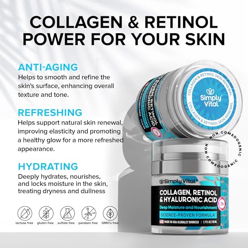 Collagen, Retinol & Hyaluronic Acid Cream - Anti-Aging Face Moisturizer for Face, Firming Skin Care Neck & Décolleté - Made in USA, Daily Moisturizer Face Cream Day & Night - 1.7 fl.oz.