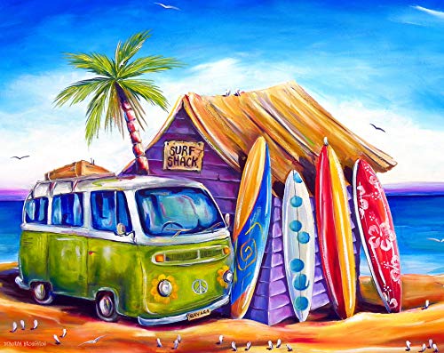 Paint by Numbers for Adults – Beautiful Special Edition Box Set, Artist Endorsed, Rolled Wrinkle-Free Canvas, 16x20 inch – Greenie (Surf Shack on Beach)