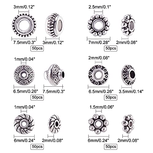 300pcs 6 Style Antique Silver Spacer Beads, Tibetan Metal Alloy Tube Spacers Flower Flat Rondelle Small Loose Beads for Bracelet Necklace Earring Jewelry Making Supplies