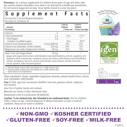 Super Earth Rainforest Animalz Calcium Magnesium And Vitamin D3 Chews, Natural Vanilla Frosting, White, 90 Count