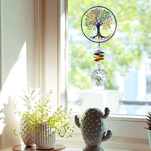 H&D HYALINE & DORA Chakra Tree of Life Suncatcher Glass Art Hanging Ornament Handmade Crystal Mandala Prism Decor Window Car Wall Art Hanging Decor for Home Office
