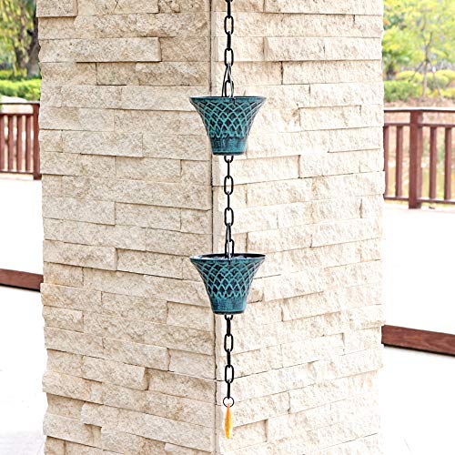 Rain Chains 8.5 Ft, Gutter Downspouts Diverter Outdoor Metal Copper Plaid Rainwater Extensions, 12 Cups