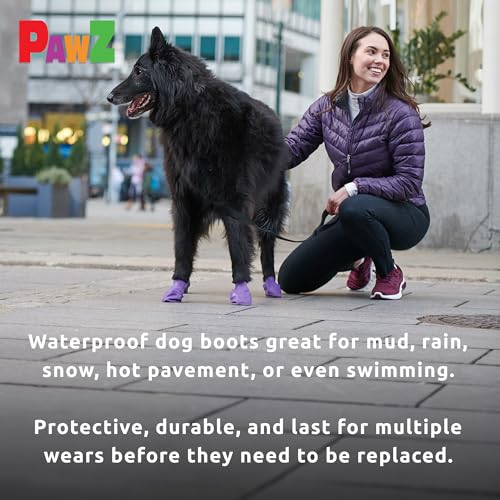 PawZ Rubber Dog Boots for Paws up to 4 - Dog Booties for Hot Pavement, Anti Slip Dog Socks, 12 Reusable Paws Waterproof Dog Boots, L, Purple