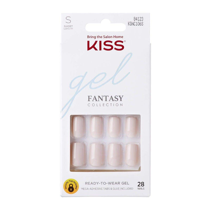 Gel Fantasy Ready-to-Wear Press-On Gel Nails, “Here I Am”, Short, White, Nail Kit with 24 Mega Adhesive Tabs, Pink Gel Glue, Manicure Stick, Mini File, and 28 Fake Nails