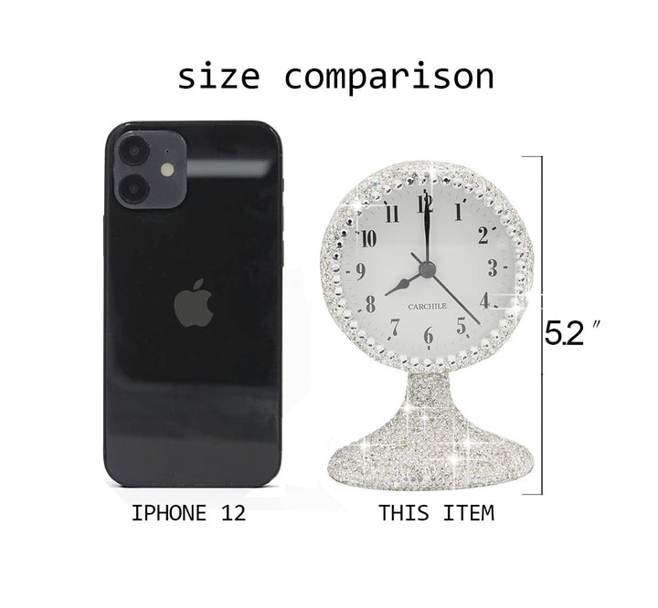 Luxury Rhinestone Small Alarm Desk Table Clock Morning Call Handmade Fashion Design for Bedroom Houseroom Living Room Cute As Gift AR (Silver)
