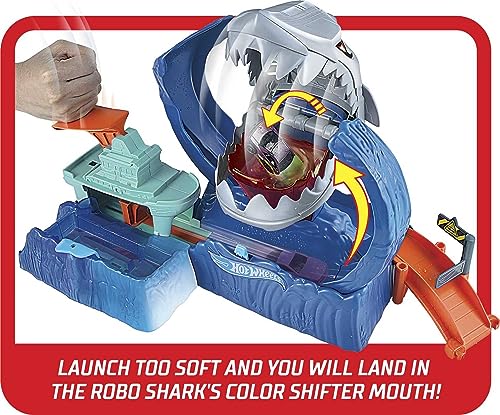Toy Car Track Set, Robo Shark Frenzy Playset & Color Shifters Car in 1:64 Scale, Vehicle Changes Colors in Very Warm & ICY Cold Water
