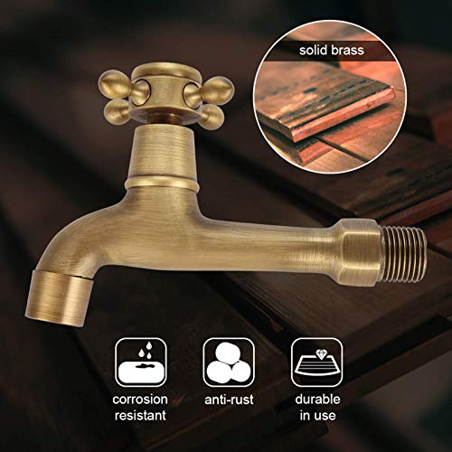 Water Faucet, Wall Mounted Water Faucet Classic Water Tap Single Cross Handle Bathroom Faucet, Vintage Solid Antique Brass Faucet Single Cold Water Tape, Vanity Faucet(12.5cm / 4.92in)
