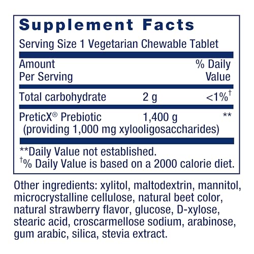 FLORASSIST® Prebiotic Chewable (Strawberry), 1000 mg xylooligosaccharides, prebiotic Supplement Provides Fuel for Gut Flora, Gluten-Free, Non-GMO, Vegetarian, 60 chewable Tablets