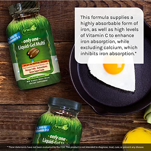 Only One Liquid-Gel Multi with Iron - 60 Liquid Softgels - Daily Essential Vitamins, Minerals, Antioxidants, Omega-3s & Green Super Foods