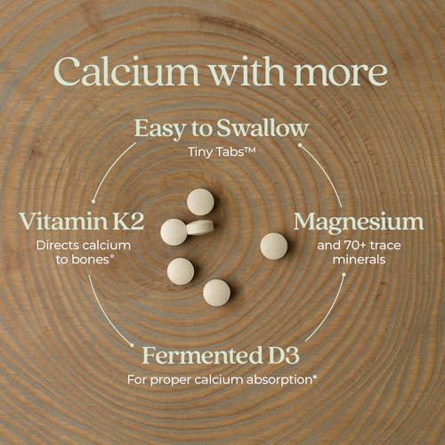 Calcium Supplement - Bone Strength Tiny Tabs Organic Calcium with Magnesium, Vitamin D3+K2, 70+ Trace Minerals for Bone Health, Gluten Free, Easy to Swallow - 120 ct
