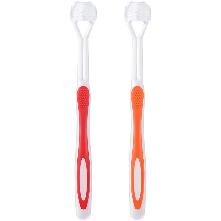 2 Pieces 3 Sided Autism Toothbrush Three Bristle Travel Toothbrush for Complete Teeth and Gum-Care, Great Angle Bristles Clean Each Tooth, Soft/Gentle (Red, Orange)