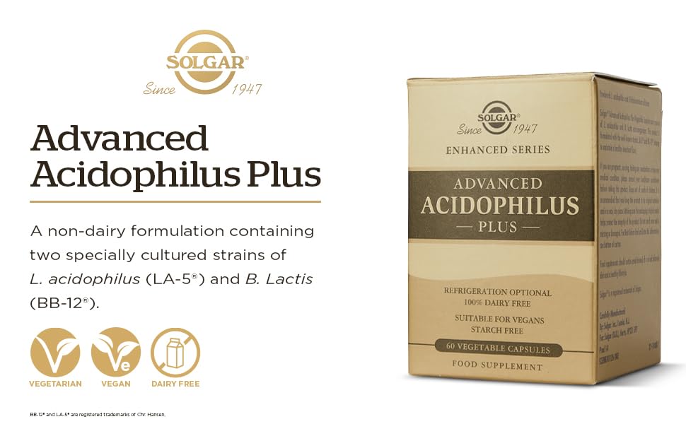 Solgar Advanced Acidophilus Plus, 60 Vegetable Capsules - Supports Healthy Intestinal Flora - 500 Million Microorganisms Per Serving - Gluten & Dairy Free - Vegetarian - 60 Servings