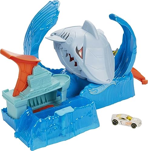 Toy Car Track Set, Robo Shark Frenzy Playset & Color Shifters Car in 1:64 Scale, Vehicle Changes Colors in Very Warm & ICY Cold Water