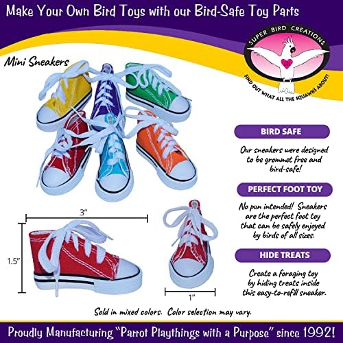 SB1058 Sneakers Bird Foot Toy - Engaging, Chewable Rubber & Fabric, Perfect for Medium & Large Birds like Parrots, Parakeets Cockatiels -Colorful & Fun - 3”x1-1/2”x1-1/4” (4 Pack)