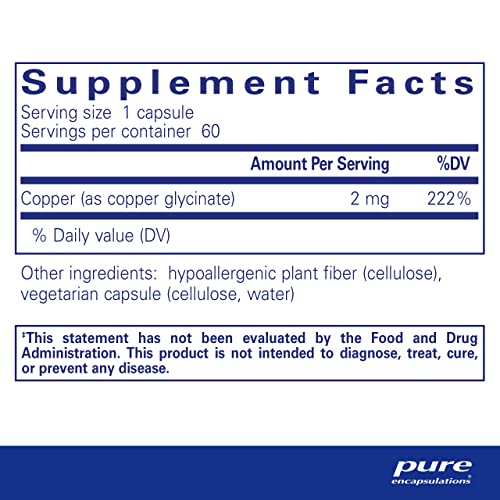 Copper Glycinate 60's - 2 mg Copper Supplement, Supports Red Blood Cell Formation* - Aids Energy Metabolism - Non-GMO & Vegan - 60 Capsules