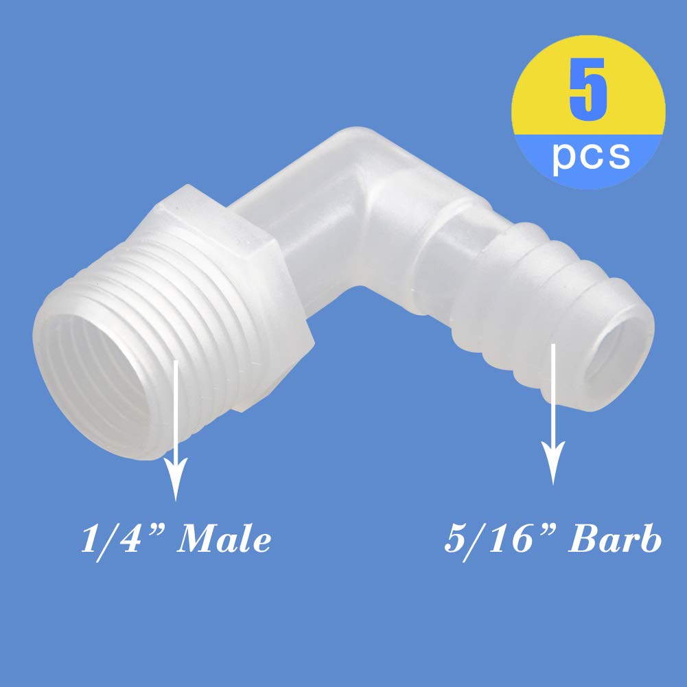 Hose Barb Fitting Elbow, 5/16 Hose Barb x 1/4 Male NPT Barbed Adapter for Fuel/AIR/Water/Oil/Gas/WOG(Pack of 5)