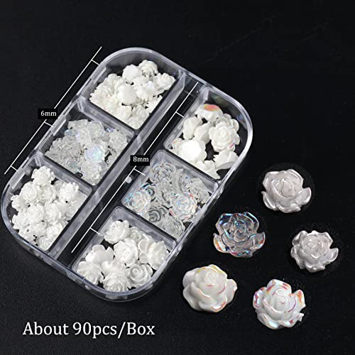 90Pcs White 3D Acrylic Flower Nail Charms 3D White Aurora Camellia Nail Art Jewelry Acrylic Resin Flowers Design Elegant Wedding Nail Charms for DIY Nail Decorations Accessories Rhinestone Decor