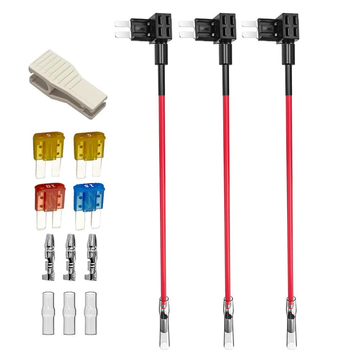 3 pcs 12V-24V Add-a-Circuit Micro2 Fuse Tap, Piggy Back Blade Fuse Holder with Wire Harness, 4 pcs Micro 2 Fuse (5A 10A 15A) and Fuse Puller