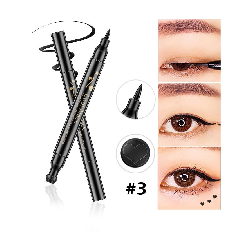 2 in 1 Double-headed Liquid Eyeliner Pen Stamp Super Slim Gel Felt Tip High Pigment Black Waterproof Smudgeproof Long Lasting Makeup Tool(Heart)