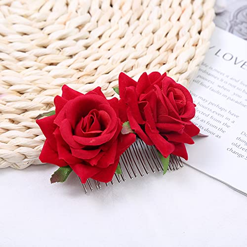 Rose Hair Clip Flowers Comb for Women Rose Flower Hairpin Hair Clips for Women Girls Burgundy Hair Accessories for Wedding Hair Side Comb for Brides Flower Hair Barrettes