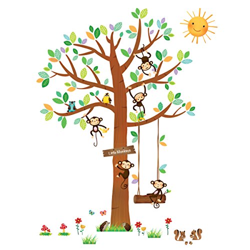 SG-1401P1402 9 Little Monkeys Tree and Height Growth Chart Kids Wall Stickers Wall Decals Peel and Stick Removable Wall Stickers for Kids Nursery Bedroom Living Room