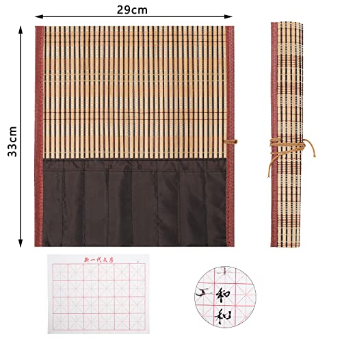 18Pcs Chinese Calligraphy Brushes Set with Writing Paper Roll-up Brush Holder Shanlian Hubi Writing Brush Kanji Japanese Sumi Drawing Brushes for Watercolor Art Ceramic Ink Writing Painting