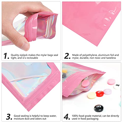 Funfery 100 pcs Pink Smell Proof Mylar Holographic Bags Packaging Bags,Clear Resealable Odor Proof Bags Foil Pouch Bags for Food Storage,Gloss,Jewelry,Eyelash Packaging for Small Business(6.3x9.4In)