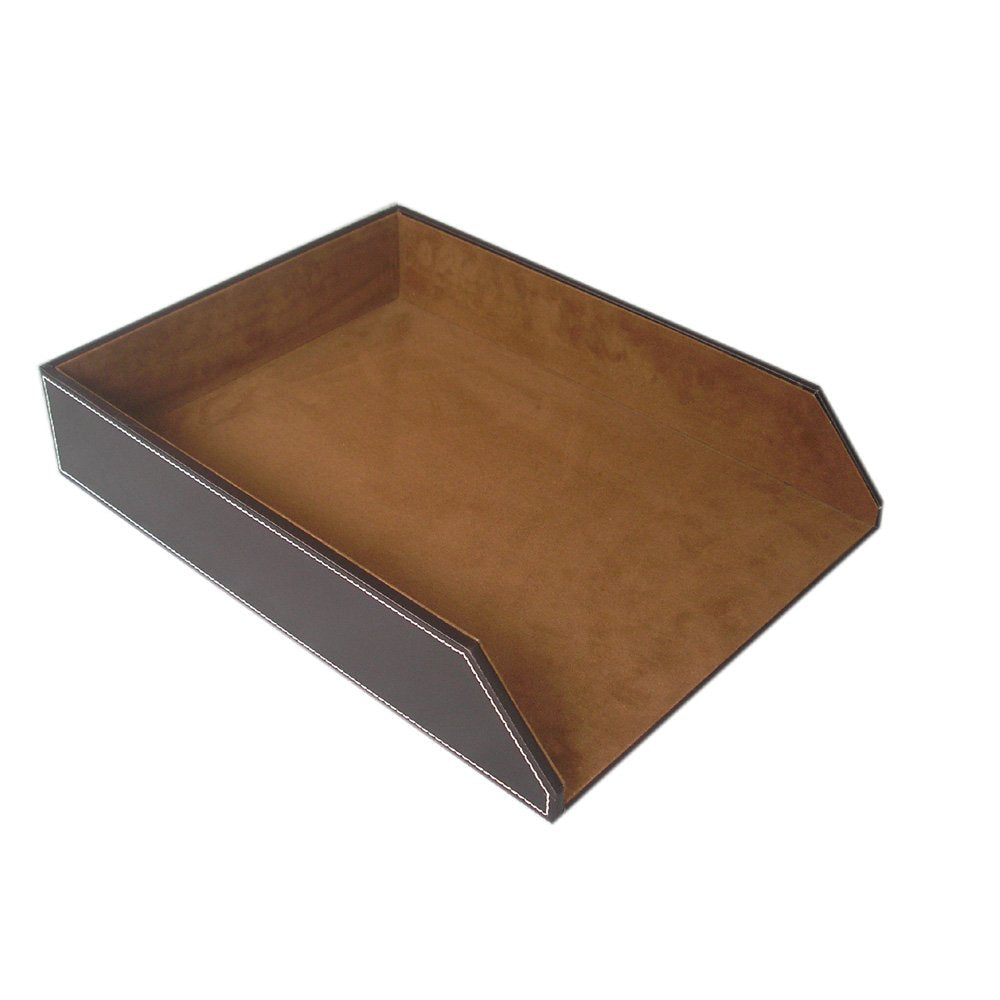 Letter Tray, PU Leather Paper Organizer Tray for Desk, Paper Organizer Storage Holder for Office Home or School A4 Size Brown