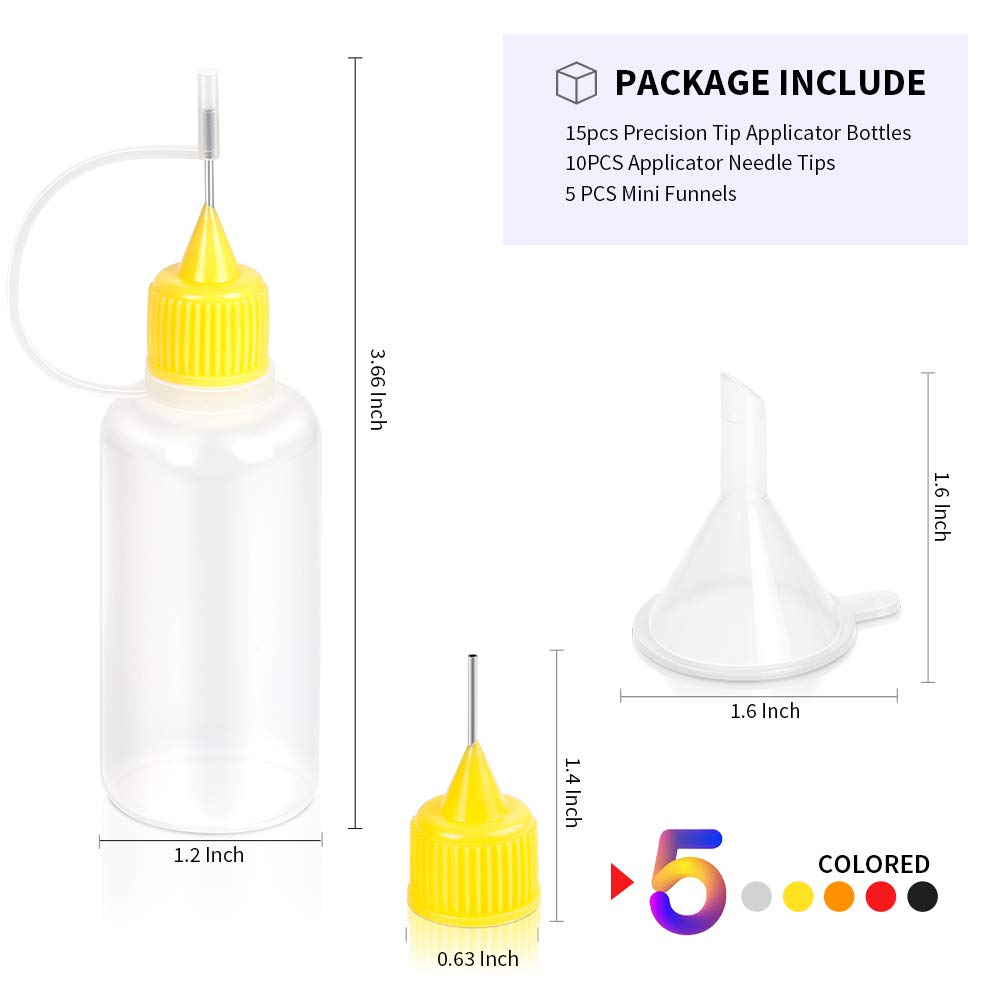 15pcs Precision Tip Applicator Bottles, 30ml 5 Colors Needle Fine Tip Squeeze Glue Applicator Bottles, 10pcs Needle Tips, 5pcs Mini Funnel for Quilling Craft Paint Ink