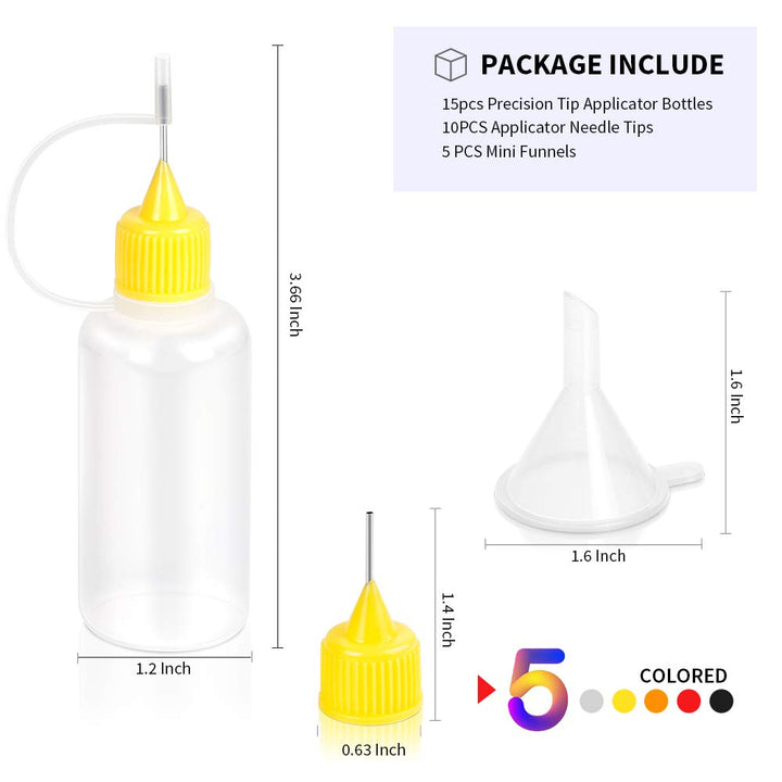 15pcs Precision Tip Applicator Bottles, 30ml 5 Colors Needle Fine Tip Squeeze Glue Applicator Bottles, 10pcs Needle Tips, 5pcs Mini Funnel for Quilling Craft Paint Ink