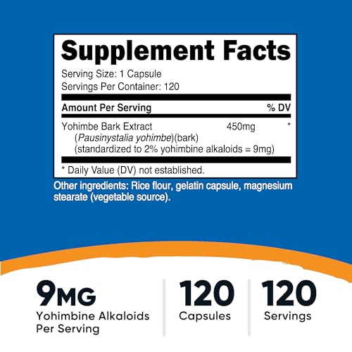 Yohimbe Bark Extract 450mg (9mg Yohimbine Alkaloids), 120 Capsules - Extra Strength, Gluten Free, Non-GMO
